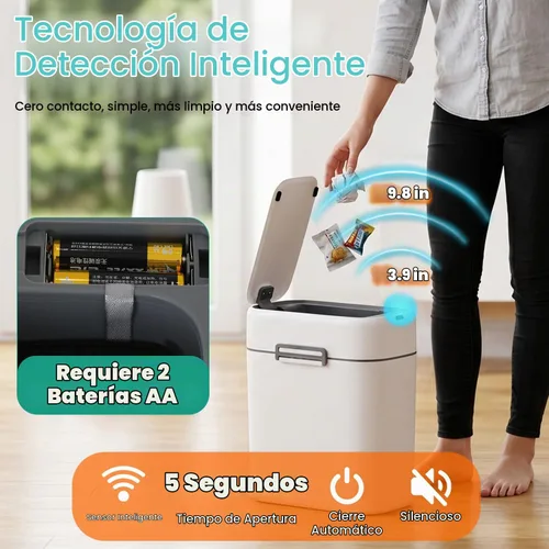 Vista 3 de FDW Cubo de Basura para Baño de 2.2 Galones con Tapa, Contenedor de Residuos de Plástico con Sensor Automático Delgado y Pequeño para Sala de Estar