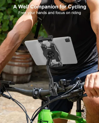 Vista 2 de Soporte para tableta de bicicleta con cuello de cisne, soporte para tableta de brazo ajustable para motocicleta, abrazadera de manillar