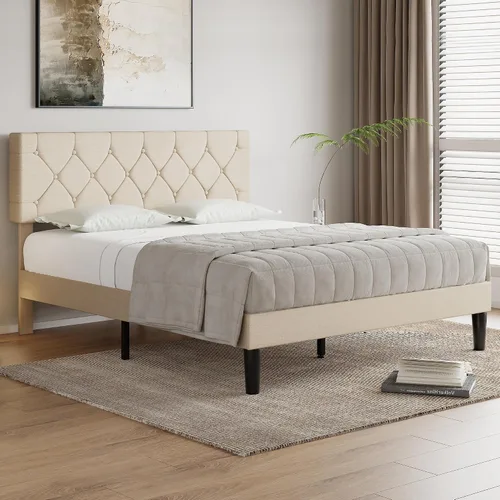 Vista 3 de VECELO Base de cama tamaño completo con cabecera capitoné con botones, plataforma tapizada con soporte de listones de madera, no necesita somier