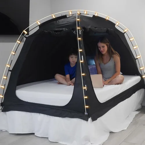 Vista 8 de EighteenTek Toldo de cama con luces, tienda de campaña de cama matrimonial Sleeping Dream, portátil, para habitación con corrientes de aire