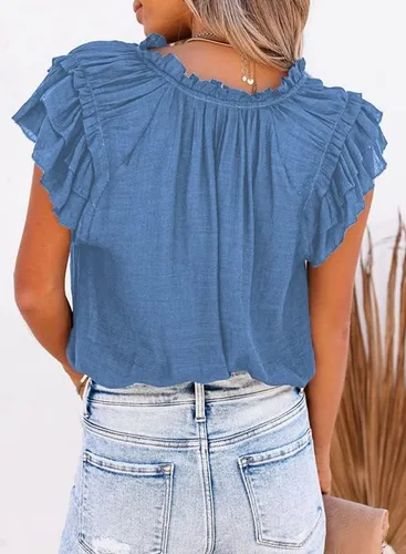 Vista 3 de Dokotto - Blusas informales con cuello en V para mujer, diseño de manga corta, con cordón ajustable