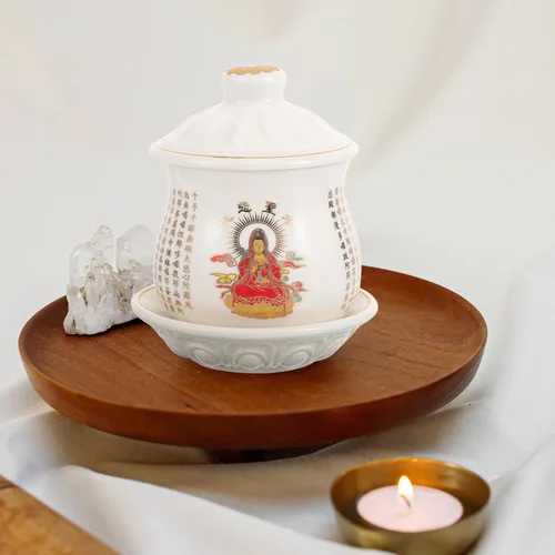 Vista 9 de OSALADI Taza de cerámica con platillo Budista Taza de agua bendita taza de culto de cáliz chino Utensilio bendición taza de té con tapa