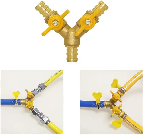 Vista 3 de Hooshing Válvula de cierre de 3 vías de latón de manguera de 1/2 "válvula de bola en forma de Y con abrazaderas inoxidables para agua, combustible