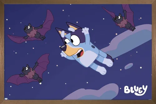 Vista 15 de Bluey - Póster de pared de murciélagos, 22.4 pulgadas de largo x 14.7 pulgadas de ancho, versión enmarcada de madera de granero