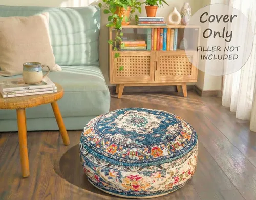 Vista 2 de Funda de almohada marroquí para suelo, color azul, redondo, estilo bohemio, decoración de habitación, zona de estar marroquí, puf otomano perfecto