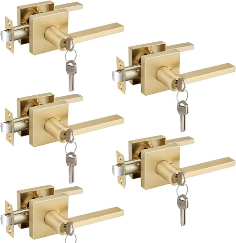 Vista 15 de EHOMEWARE Juego de manijas dobles para puerta delantera, paquete de 1 manija de puerta cuadrada de latón satinado, combinación de perilla de puerta