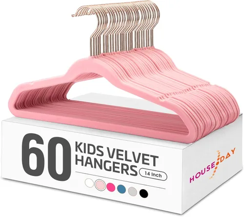 Vista 8 de HOUSE DAY Perchas de terciopelo para bebé, perchas de terciopelo para armario, paquete de 60 perchas antideslizantes para niños pequeños de 11.8