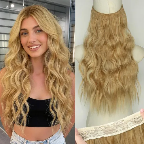 Vista 39 de Extensiones de cabello con hilo invisible, diadema transparente, ajustables, 4 clips fijadores, cabello largo y ondulado de 12 pulgadas, balayage