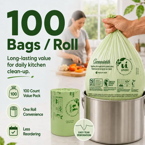 Vista 7 de Bolsas de basura compostables UNNI, 2.6 galones / 9.84 litros, 100 unidades, extra gruesas de 0.71 mil, forros para contenedores pequeños de restos