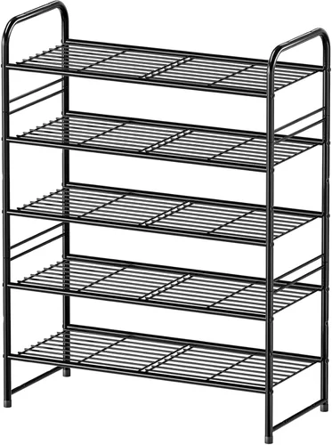Vista 10 de Zapatero simple de 2 niveles y 27 pulgadas de ancho, estante organizador de zapatos de metal resistente para entrada, puerta delantera, color negro