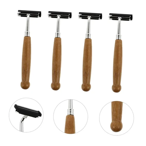 Vista 3 de balacoo 4 unids hombres tradicional mango de bambú afeitar afeitar acero inoxidable herramienta de peluquería para afeitar suave