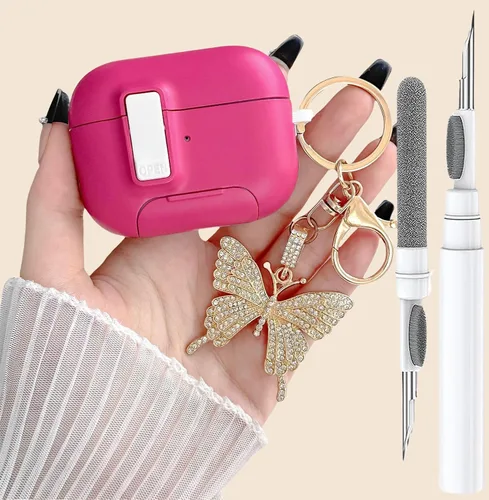 Vista 9 de Bonita funda rosa para Airpods de 4 generación con cerradura y llavero de mariposa brillante para mujeres femeninas, funda rígida transparente única