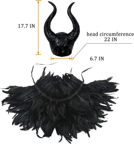 Vista 2 de UQJE Disfraz de bruja gótica negra, disfraz de cuervo, chal de plumas de Halloween, capa de malla con cuernos