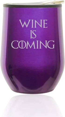 Vista 3 de Vaso de vino sin tallo para café, taza de viaje con tapa Wine Is Coming Funny (azul)