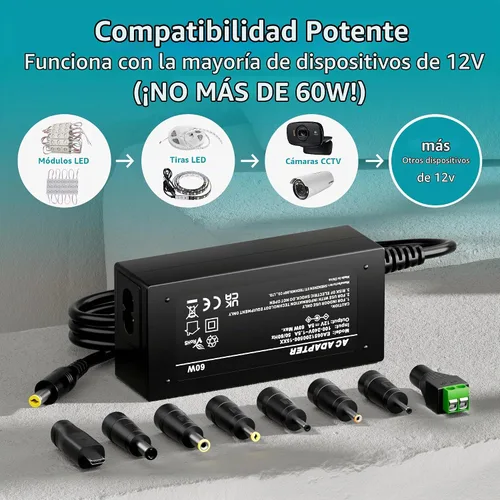 Vista 6 de Adaptador de fuente de alimentación de 12V 5A Cargador AC 100-240V a DC 12V 3A 2A Cable de alimentación