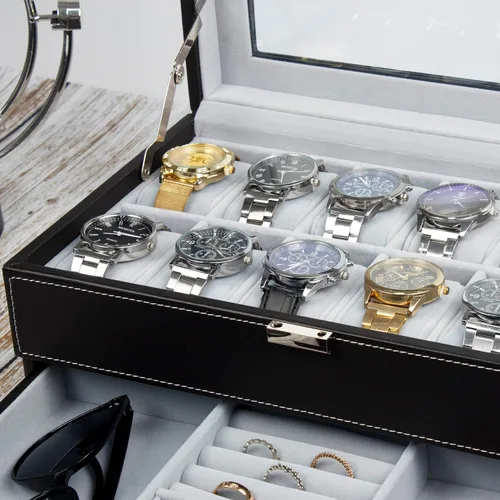 Vista 3 de GUKA Caja de reloj con 12 ranuras, organizador de exhibición de reloj, caja de joyería de cuero, cajón de cristal, cumpleaños para hombres