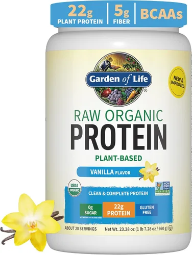 Vista 2 de Garden of Life Proteína de vainilla vegana orgánica en polvo, 0.78 oz de proteína cruda completa a base de plantas y BCAA más probióticos y enzimas