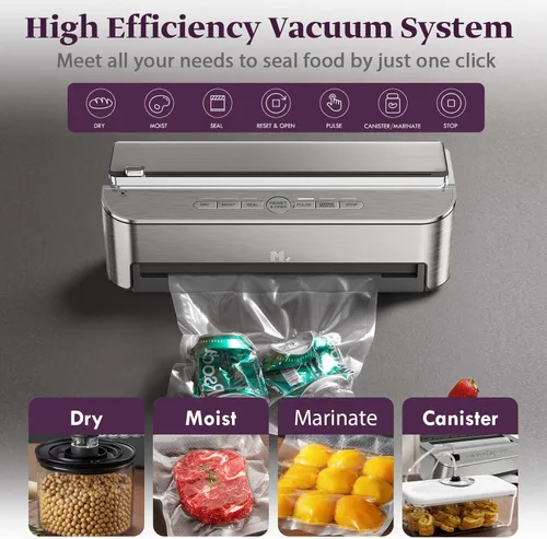 Vista 4 de Mesliese Máquina selladora al vacío, sellador automático de alimentos de 85 kPa 120 W, potente sistema de sellado, cortador integrado Plateado