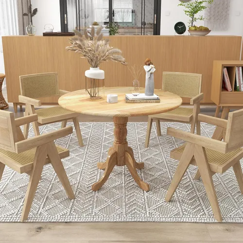 Vista 2 de Mesa de comedor redonda para 4, mesa de cocina rústica con mesa de 40 pulgadas, patas curvadas de caballete, mesa de tulipán de madera de goma, mesa