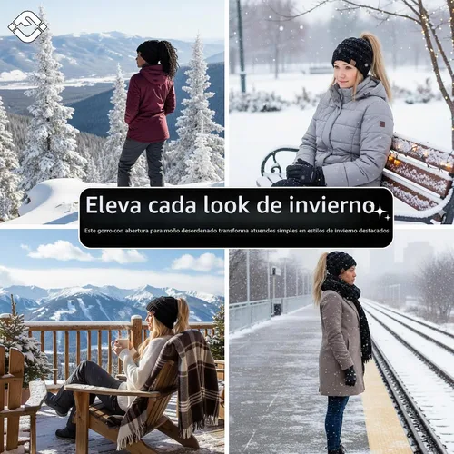 Vista 6 de Funky Junque Gorro de Cola de Caballo para Mujeres - Gorro de Invierno Ponyback Suave Elástico de Punto Trenzado Cola Alta Gorros para Correr