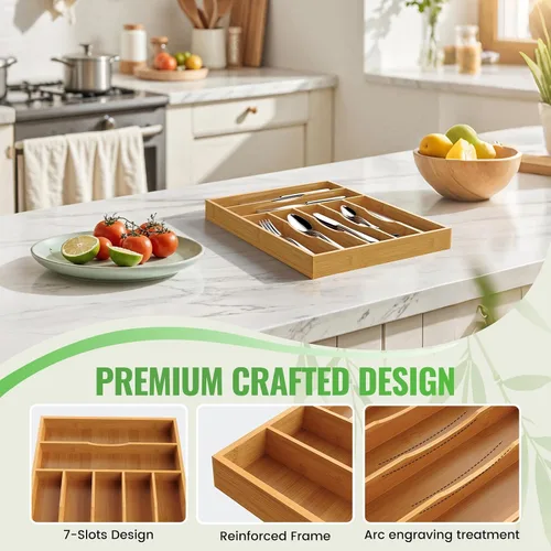 Vista 6 de Organizador de cubiertos, soporte para utensilios de cajón de cocina (bambú, grande)