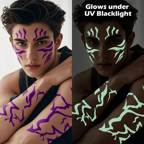 Vista 3 de 12 tatuajes temporales morados que brillan en la oscuridad, tatuajes falsos de baile para cosplay, Halloween, festival de música, maquillaje