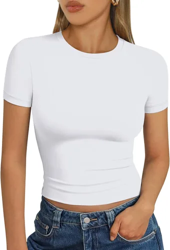 Vista 41 de Trendy Queen - Camisetas básicas para mujer, camisetas de verano 2025, de manga corta, ajustadas, para gimnasio, entrenamiento, ropa estilo Y2K