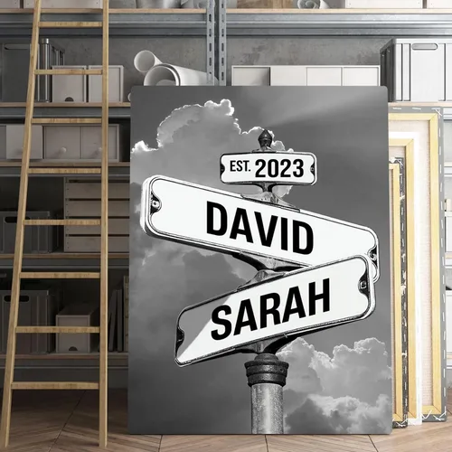 Vista 2 de Cartel de calle vintage de lienzo personalizado para parejas, cartel de cruce de caminos con nombre personalizado, el mejor regalo para parejas