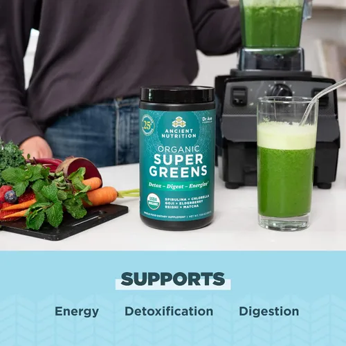 Vista 4 de Ancient Nutrition Polvo orgánico SuperGreens, 25 porciones + polvo de proteína de colágeno múltiple, sin sabor, 45 porciones