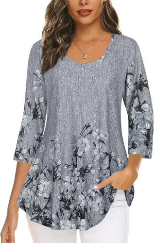 Vista 6 de Tencole Camisas de manga 3/4 para mujer Blusas tipo túnica elegantes Ropa casual con floral Aguamarina Beige