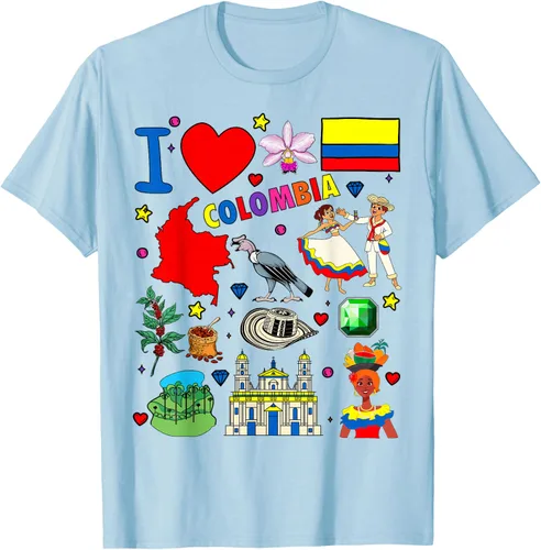 Vista 64 de Camiseta con diseño de bandera y mapa de I Love Colombia dibujada a mano