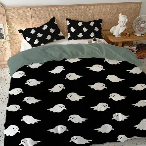 Vista 2 de Juego de funda de edredón de 3 piezas de fantasma de Halloween (tamaño individual) con 2 fundas de almohada, microfibra ligera de 3 piezas
