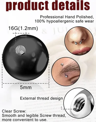Vista 3 de Prjndjw 30 bolas de repuesto de 14G 16G, bolas de acero quirúrgico roscadas externamente, bolas redondas para lengua, pezón, ombligo, labio