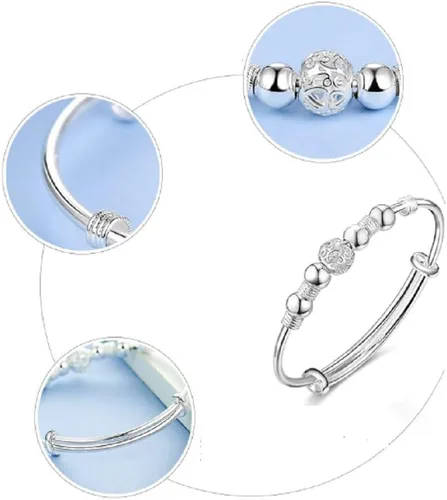 Vista 4 de Pulsera de cuentas de plata de ley simple para mujer, diseño abierto, Metal
