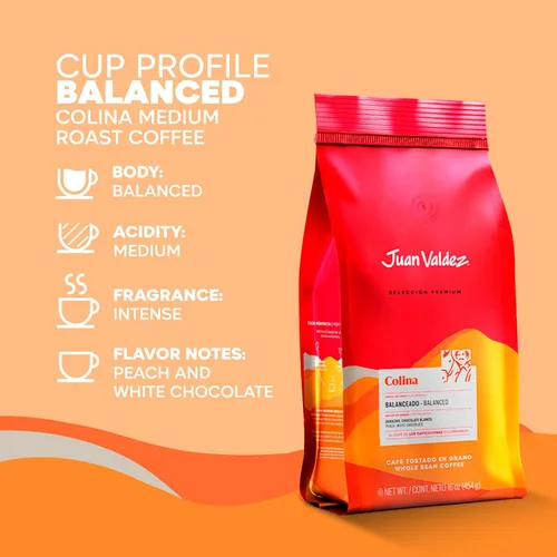 Vista 4 de Juan Valdez Colina - Café de grano entero, tostado equilibrado, 16 onzas, café colombiano de primera calidad, granos únicos "Caracolito" producen un