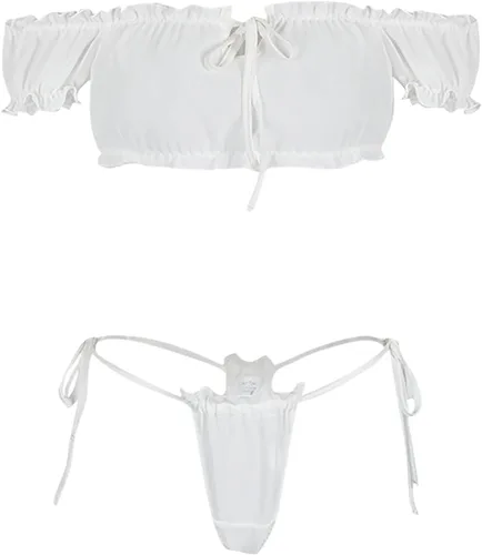 Vista 6 de Conjunto de lencería sexy para mujer, con hombros descubiertos, lazo frontal, brasier y bragas