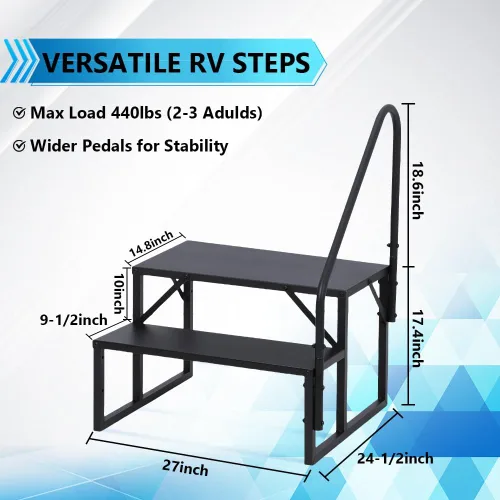 Vista 3 de Towallmark RV 2 escalones con pasamanos, peldaños de metal para bañera de hidromasaje, escaleras portátiles para RV, escaleras de casa móvil