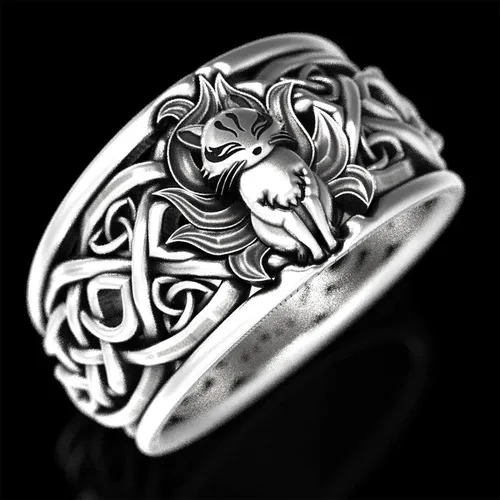 Vista 2 de Ecooon Anillo Kurama grueso de anime vintage de nueve colas de zorro para mujeres y hombres, anillo de amuleto oriental, regalo de joyería, protege