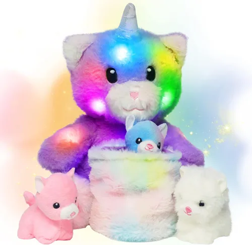 Vista 8 de Hopearl Gato de peluche LED con cubo extraíble que ilumina a mamá gata, con 3 gatitos en la canasta, juego de animales de peluche con luces