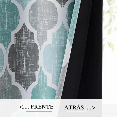 Vista 3 de Beauoop Cortinas 100% Opacas de 45 Pulgadas de Largo, 2 Paneles para Dormitorio, Sala de Estar, Gris Aqua Marroquí Geométrico, Oscurecimiento
