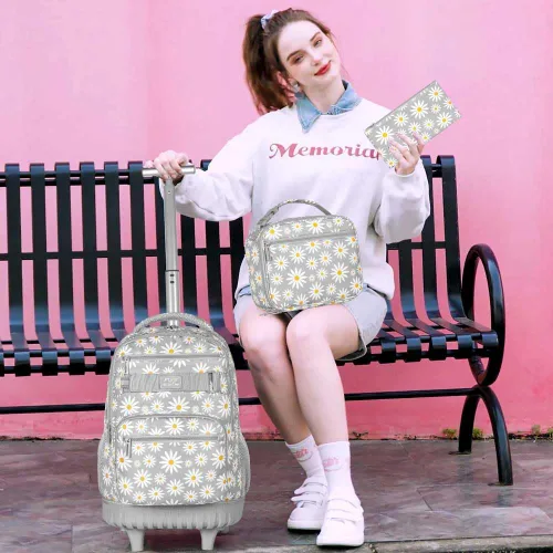 Vista 2 de AGSDON Mochila con ruedas para niñas, bolsa de libros con ruedas enrollables, mochila escolar con ruedas para computadora portátil con ruedas