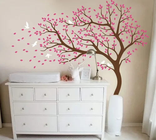Vista 10 de Vinilo decorativo para pared de árbol grande con pájaros y hojas que soplan en el viento, adhesivo mural de bosque