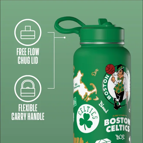 Vista 3 de Hydrapeak Botella de agua aislada de 32 onzas con licencia oficial de la NBA Boston Celtics, celebrando la ciudad de Boston, tapa de popote y asa