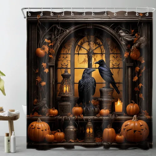 Vista 28 de LB Cortina de ducha de feliz Halloween para baño, flamenco rosa y calabaza naranja con sombrero mágico, cortina de ducha de tela con ganchos, juego