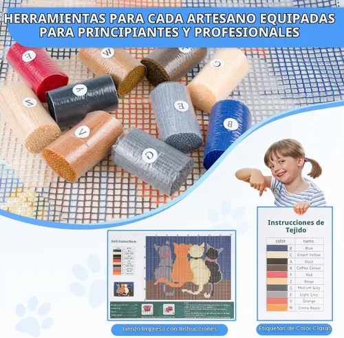 Vista 4 de EsLuker.ly Kit de Alfombra de Ganchillo de Pestillo DIY Alfombra de Crochet para Principiantes, Patrones de Gatos Lienzo Preimpreso Kits de Gatos