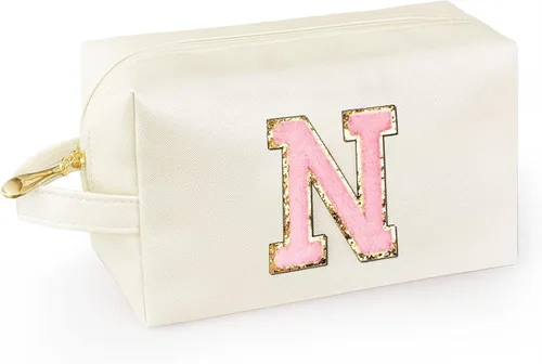 Vista 59 de Bolsa de maquillaje personalizada con inicial con asa, bolsa de cosméticos de preparación con bolsillo interior con cremallera, 8, 9, 10, 11, 12 Rosa