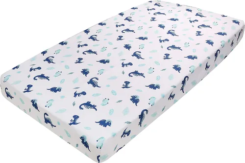 Vista 9 de Juego de ropa de cama de cuna de dinosaurio azul T-Rex con temática de dinosaurio para bebé, juego de ropa de cama + sábana bajera + falda + cenefa