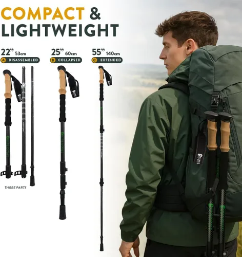Vista 3 de 100% Carbon Fiber Trekking Poles by USA Brand - Ultra Strong Lightweight Collapsible Hiking Poles with Cork and EVA Foam Grips & Quick Adjustable