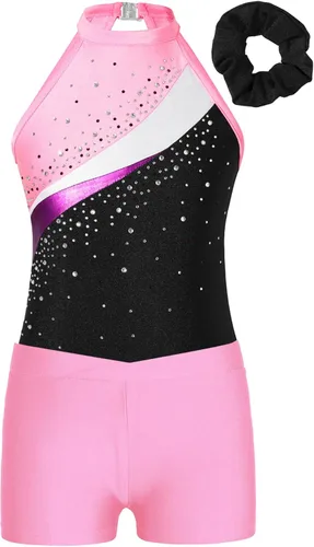 Vista 3 de Kids Girls Ballet Dance Outfits Shiny Sleeveless Gymnastic Leotard with Athletic Shorts Hair Band Tracksuit