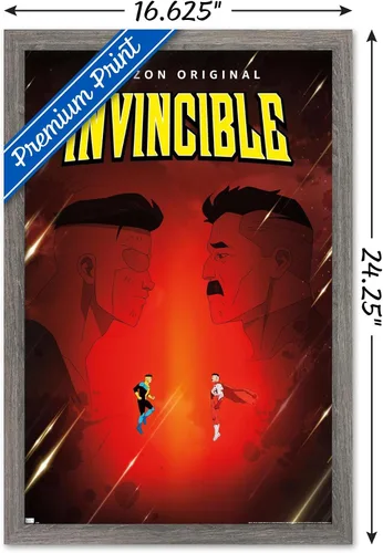 Vista 3 de Invincible - Póster de pared de una hoja de padre e hijo, 22.4 pulgadas de largo x 14.7 pulgadas de ancho, versión enmarcada de madera de granero
